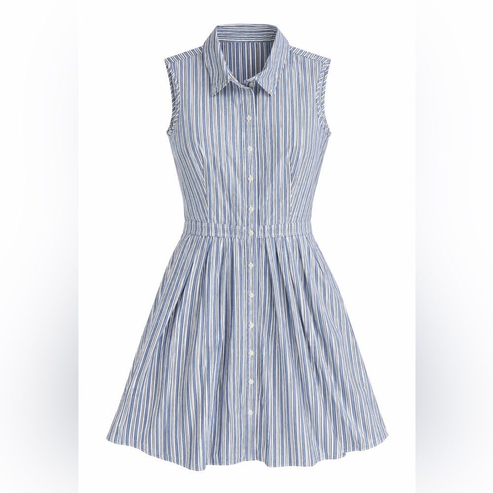 Handmade Blue White Striped Dress Women's Medium Sleeveless Button Front Pocket